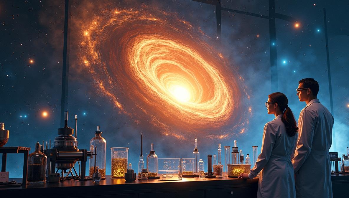 Illustration of a neutron star collision creating gold, alongside a laboratory particle accelerator